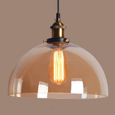 Brass Finish Dome Hanging Light Industrial Clear/Amber Glass 1 Light LED Pendant Light