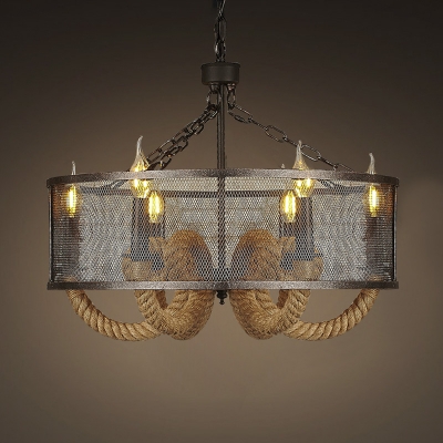 Industrial Six Light Rope LED Chandelier with Iron Mesh Shade