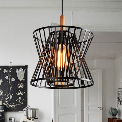 

Satin Black 1 Light Neo-Industrial Slatted Foyer LED Pendant with Wood Accents, HL410034