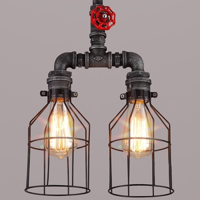 Mottled Iron 2 Light Double LED Hanging Lantern with Red Valve