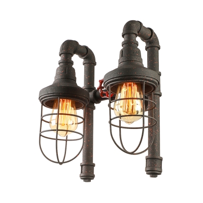 14 Inches Mottled Rust Iron 2 Light Cage LED Wall Lamp