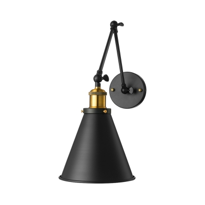 Adjustable Industrial Conical Wall Sconce in Black Swing Arm Single Wall Light for Living Room Bedside