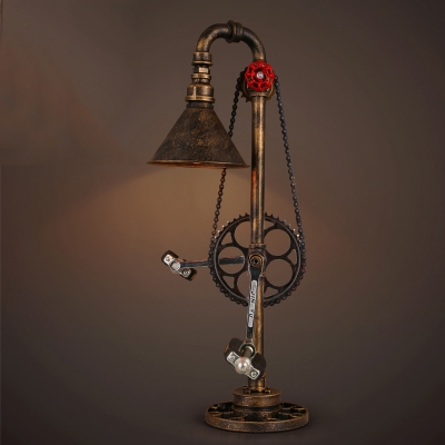 Bronze Finish Pulley Table Lamp in Cone Shade Industrial Retro Style Bicycle Design Single Light Desk Lamp