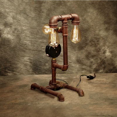 Rust Iron Three Light Plumbing Pipe LED Table Lamp with Steampunk Accents