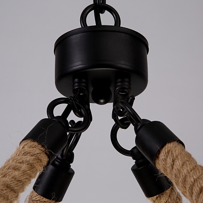 Industrial Dining Room 8 Light Large Rope LED Chandelier in Black Finish with Cylinder Amber Frosted Glass Shade