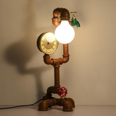 Mottled Rust Iron 1 Light Pipe LED Table Lamp with Green Faucet Accents