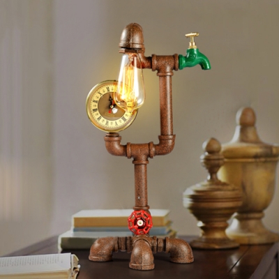 Mottled Rust Iron 1 Light Pipe LED Table Lamp with Green Faucet Accents