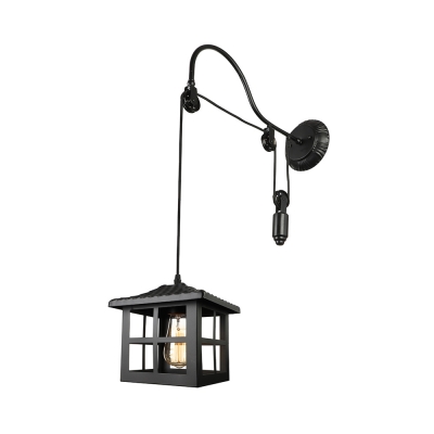 Pulley Square Shade Single Wall Sconce Industrial Farmhouse Porch Gooseneck Wall Light