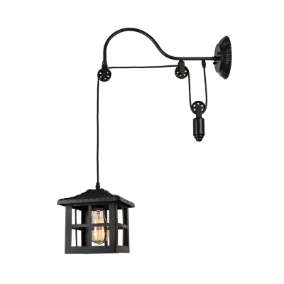 Pulley Square Shade Single Wall Sconce Industrial Farmhouse Porch Gooseneck Wall Light