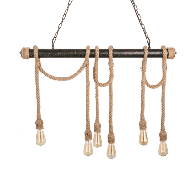 6 Light Industrial Rope Multi Light Pendant in Dark Bronze for Restaurant Kitchen Island