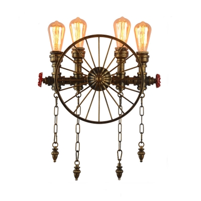 Four Lights Bronze Wheel Industrial LED Wall Lamp with Hanging Chains