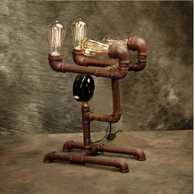 Rust Iron Four Light Pipe Steampunk LED Table Lamp
