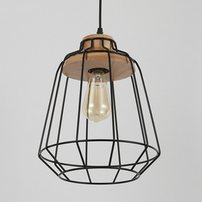1 Light LED Pendant Light with Black Wire Frame Shade and Wood