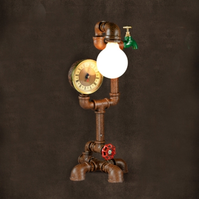 Mottled Rust Iron 1 Light Pipe LED Table Lamp with Green Faucet Accents