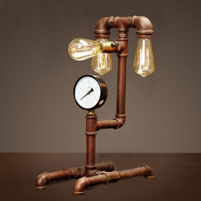 Rust Iron Three Light Plumbing Pipe LED Table Lamp with Steampunk Accents