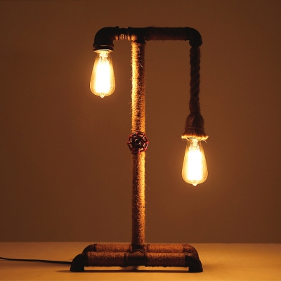 Weathered Iron 2-Light Burlap Industrial LED Table Lamp with Red Valve Accents