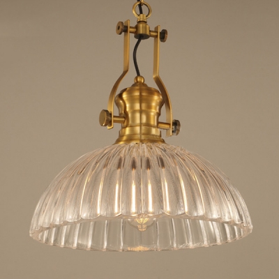 Brass Finish Dome Suspended Light with Ribbed Glass Shade Vintage Decorative 1 Light Pendant Light