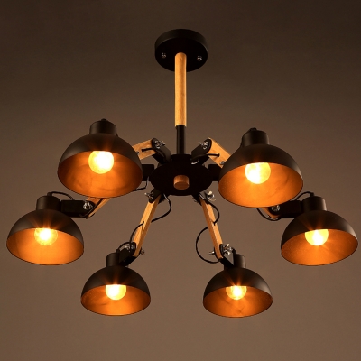 28'' W Industrial Matte Black 5 Light LED Chandelier with Spun Wood Accents