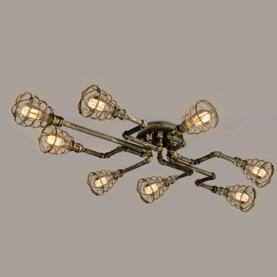 Antique Brass 8 Light LED Semi Flush Ceiling Light with Metal Cage