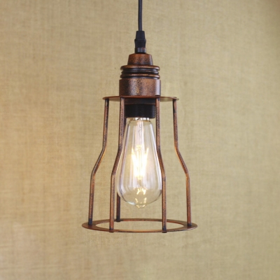 Antique Copper 1 Light Iron Cage LED Mini Hanging Pendant with Adjustable Chain