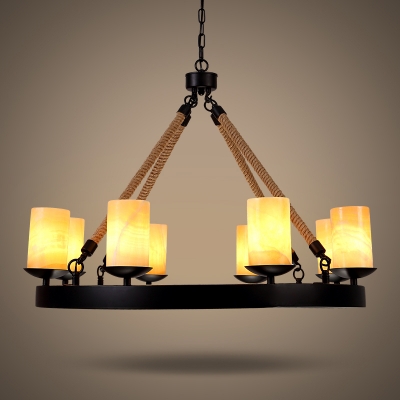 Industrial Dining Room 8 Light Large Rope LED Chandelier in Black Finish with Cylinder Amber Frosted Glass Shade