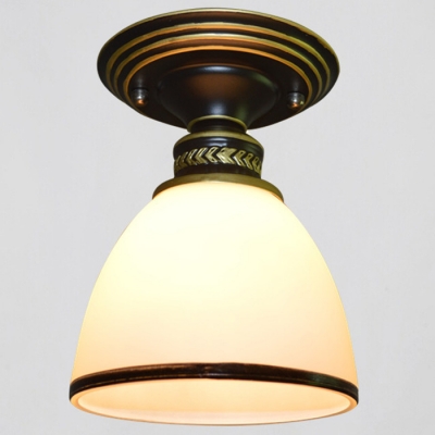Old Brass 1 Light White Glass Small LED Semi Flush Ceiling Fixture