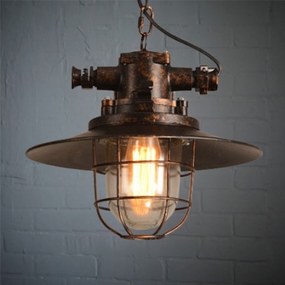 14" Wide Rust Iron 1-Light LED Pendant with Saucer Shade and Metal Cage