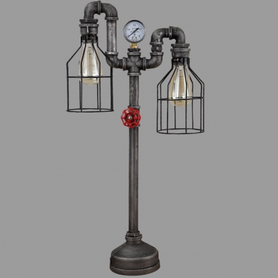 28''H Mottled Iron 2 Lights Pipe LED Accent Lamp with Cage Shade