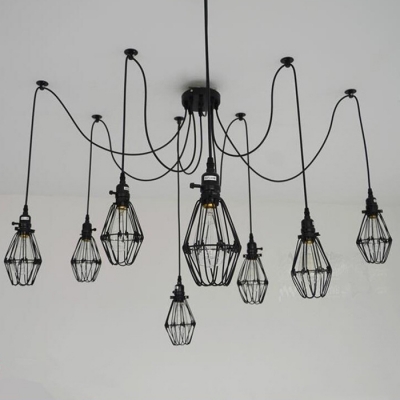 Wire Guard 8 Light Pendant Metal Black Spider Chandelier for Living Room Cafe Clothes Stores