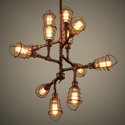 

12 Light Wrought Iron Industrial LED Chandelier with Wire Cages, HL410026