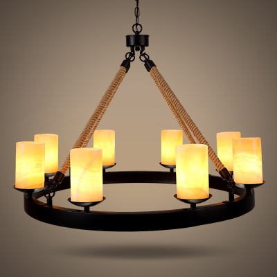 Industrial Dining Room 8 Light Large Rope LED Chandelier in Black Finish with Cylinder Amber Frosted Glass Shade