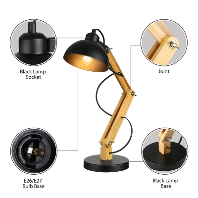 Adjustable LED Desk Lamp with Wood Base and Bowl Shape Shade
