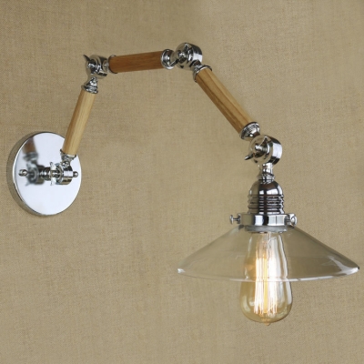 Clear Glass Saucer Shade One Light LED Wall Sconce with Adjustable Wood Arm
