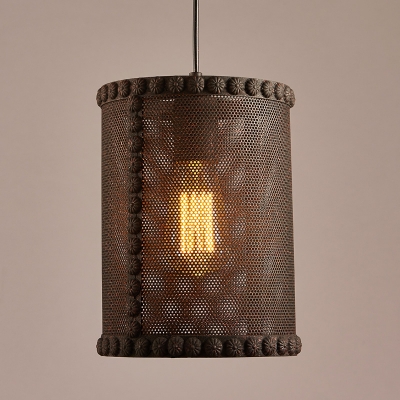 Rust Iron 10'' Wide Single Light Cylinder Metal Mesh Shade LED Pendant with Small Flower Motif