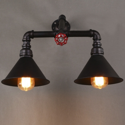 Mottled Rust Iron 2 Light Pipe LED Wall Sconce with Red Valve
