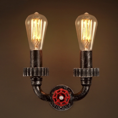 Mottle Rust 2 Light 10 Inches Wide Small Hallway Pipe LED Wall Sconce with Red Valve