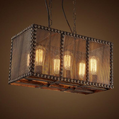 20'' Wide Rust Iron 6 Light Rectangle Metal Mesh Industrial LED Hanging Pendant