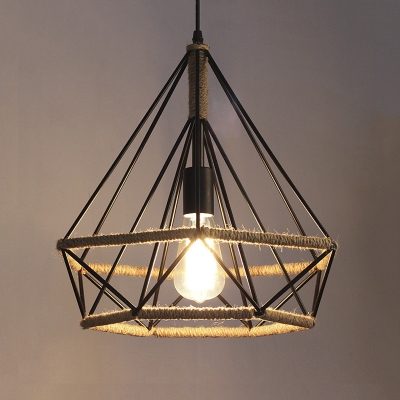 14'' Width Open Diamond Cage LED Hanging Lamp with Burlap Intertwined