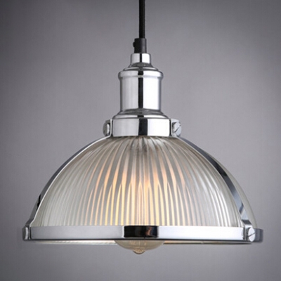 Bronze/Chrome Dome Pendant Lamp Industrial Ribbed Glass 1 Bulb Hanging Light for Dining Room