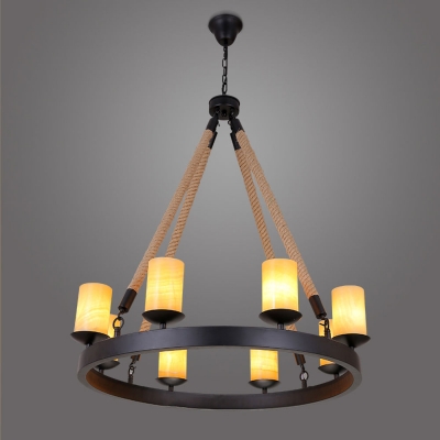 Industrial Dining Room 8 Light Large Rope LED Chandelier in Black Finish with Cylinder Amber Frosted Glass Shade