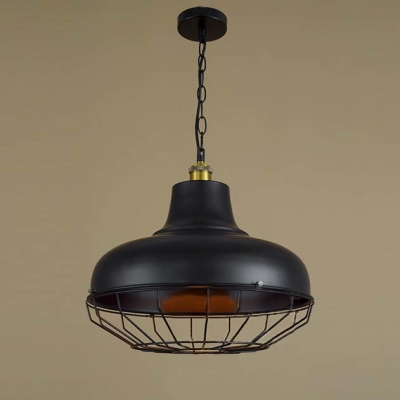 Black 1 Light Large Industrial LED Pendant Lighting with Wire Cage Design