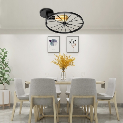 Country Style 12'' Wide Single Light Wheel Shape Semi Flush Ceiling Light in Vintage Black Finish