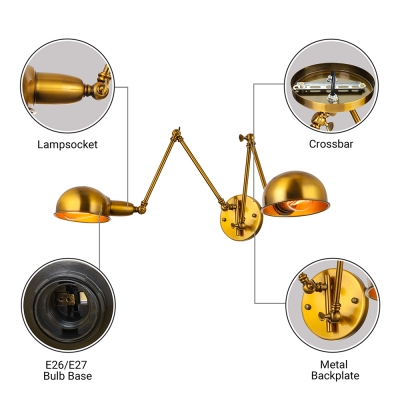 Grand Double Head Industrial Adjustable LED Wall Sconce in Gold Finish