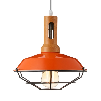 Industrial 1 Light Cage LED Pendant Indoor Lighting with Wood Accent