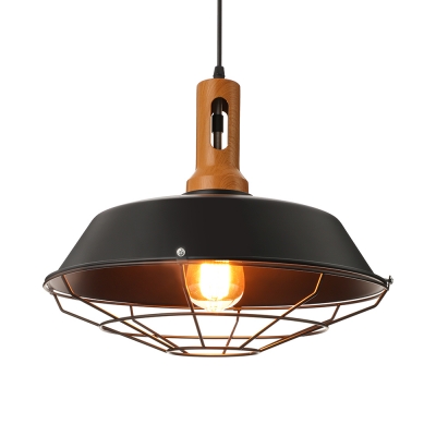 Matte Black Industrial Style LED Hanging Pendant with Cage and Wood Accent