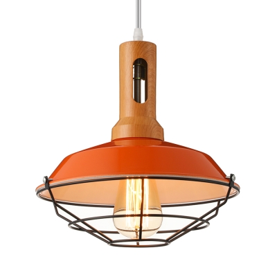 Industrial 1 Light Cage LED Pendant Indoor Lighting with Wood Accent