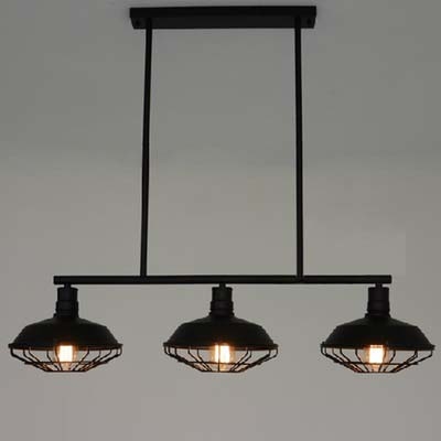 Three Light Wrought Iron Black Industrial LED Linear Island Pool Table Pendant Light with Cage