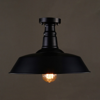 14'' Wide Semi Flush Ceiling Light in Barn Shade Textured Black Metal Single Ceiling Light for Kitchen Warehouse