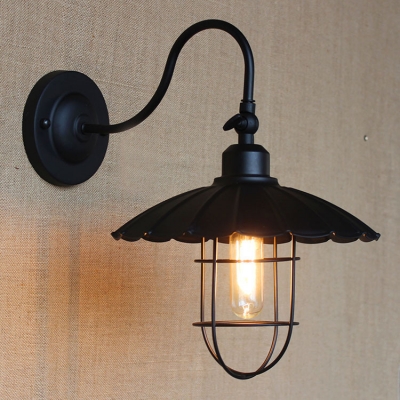 Vintage Black LED Wall Sconce with Scalloped Floral Edge in Cage Style