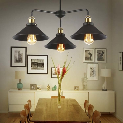 Wrought Iron 3 Light 1 Tier Industrial LED Chandelier with Metal Shade